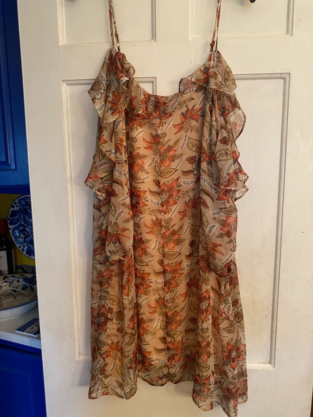 Kori Beige Mini Dress with Orange Floral Print and Ruffle Straps